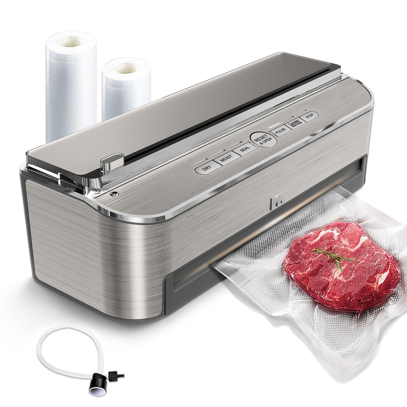 Vacuum Sealer Machine, 85kPa 120W Automatic Food Sealer, Powerful Sealing System, Build-in Cutter | Bags Storage | Moist Mode and Air Suction Hose | 2 Bag Rolls and 5pcs Pre-cut Bags