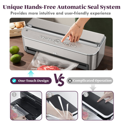 Vacuum Sealer Machine, 85kPa 120W Automatic Food Sealer, Powerful Sealing System, Build-in Cutter | Bags Storage | Moist Mode and Air Suction Hose | 2 Bag Rolls and 5pcs Pre-cut Bags