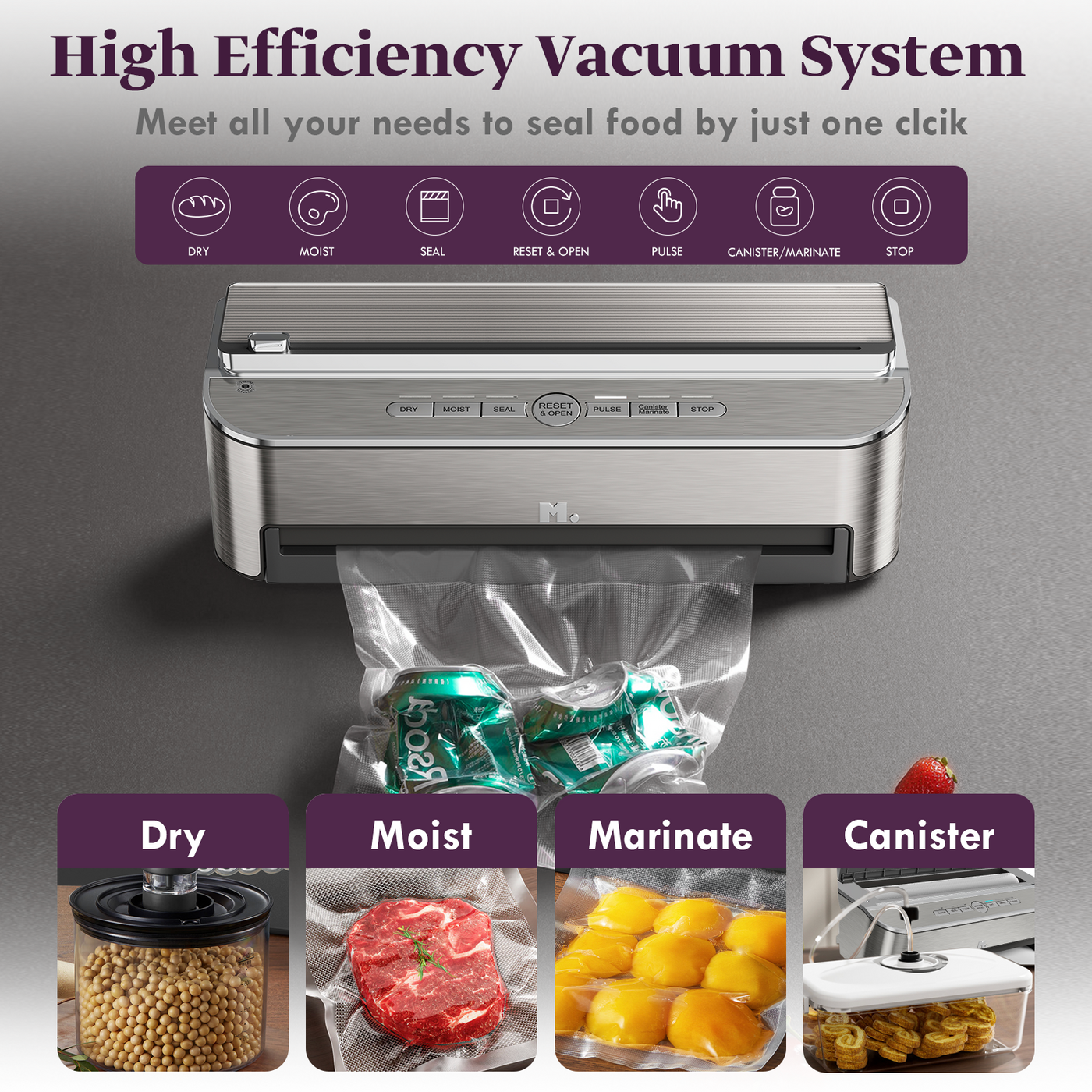 Vacuum Sealer Machine, 85kPa 120W Automatic Food Sealer, Powerful Sealing System, Build-in Cutter | Bags Storage | Moist Mode and Air Suction Hose | 2 Bag Rolls and 5pcs Pre-cut Bags