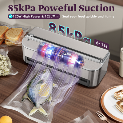 Vacuum Sealer Machine, 85kPa 120W Automatic Food Sealer, Powerful Sealing System, Build-in Cutter | Bags Storage | Moist Mode and Air Suction Hose | 2 Bag Rolls and 5pcs Pre-cut Bags